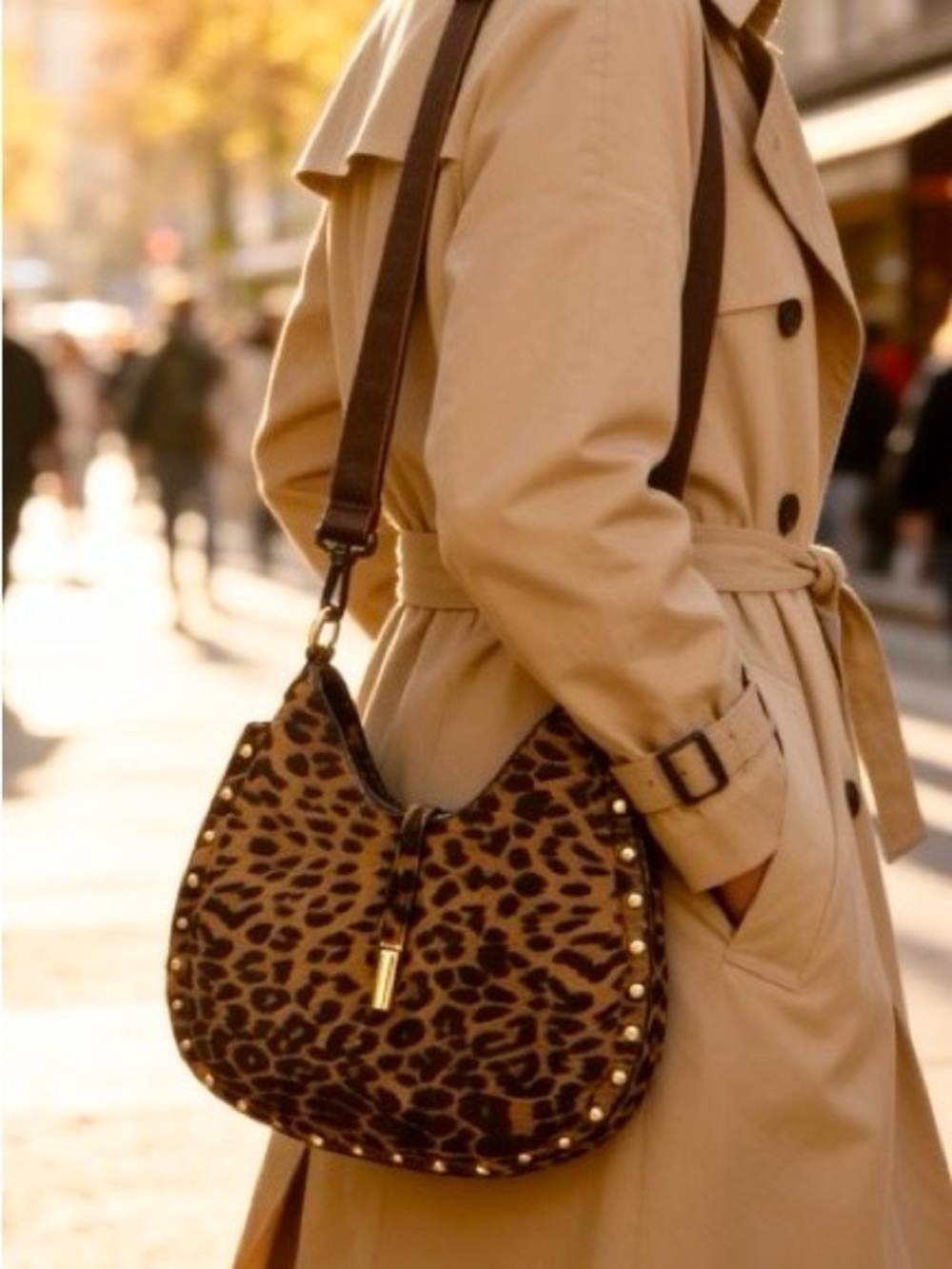 Animal Print Studded Hobo Crossbody Bag
